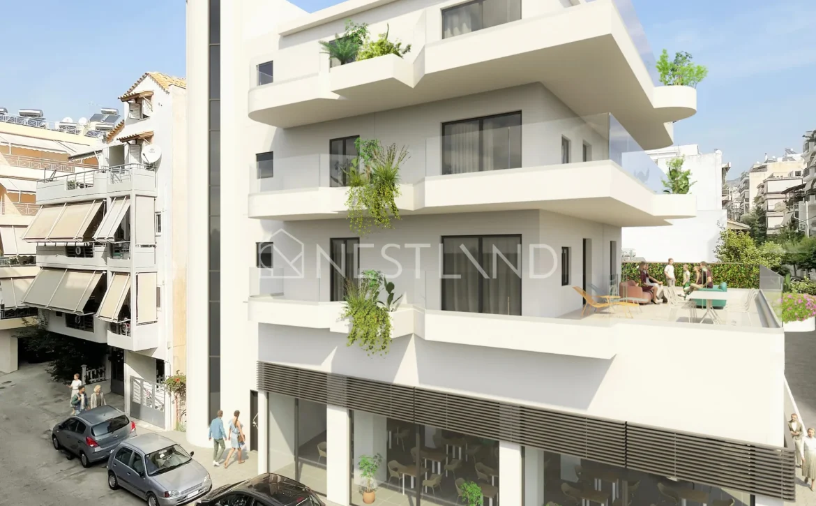 Modern multi-story building with balconies and plants, street view with cars and pedestrians.