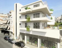 Modern multi-story building with balconies and plants, street view with cars and pedestrians.