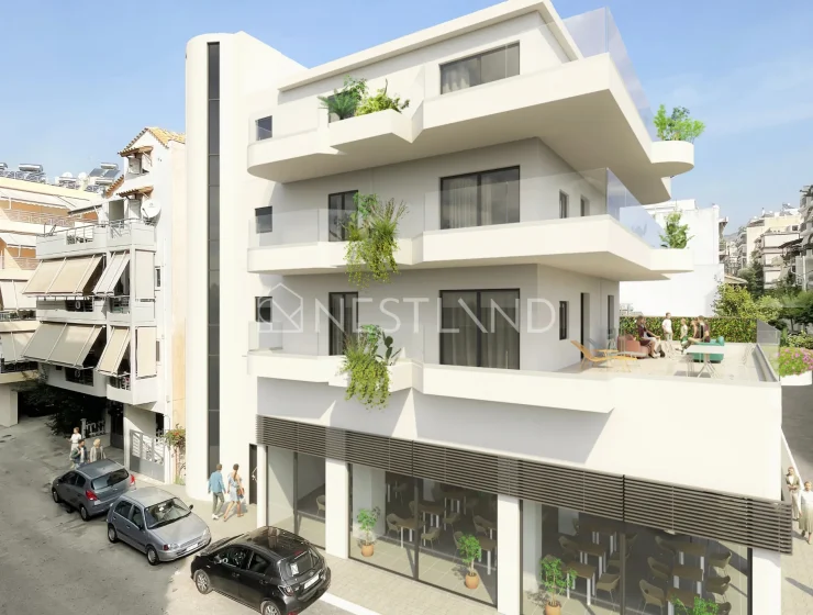 Modern multi-story building with balconies and plants, street view with cars and pedestrians.