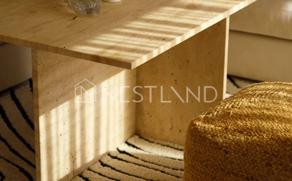 A wooden coffee table with a plant and ashtray, near a textured pouf and rug, in soft lighting.