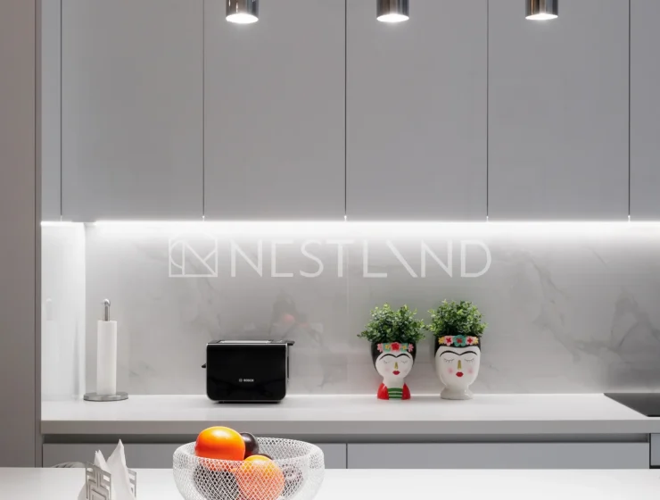 A modern kitchen counter with fruit bowl, plants, and pendant lights.