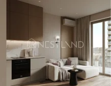 Modern living room with a kitchenette, sofa, and balcony access, natural light, wooden accents.