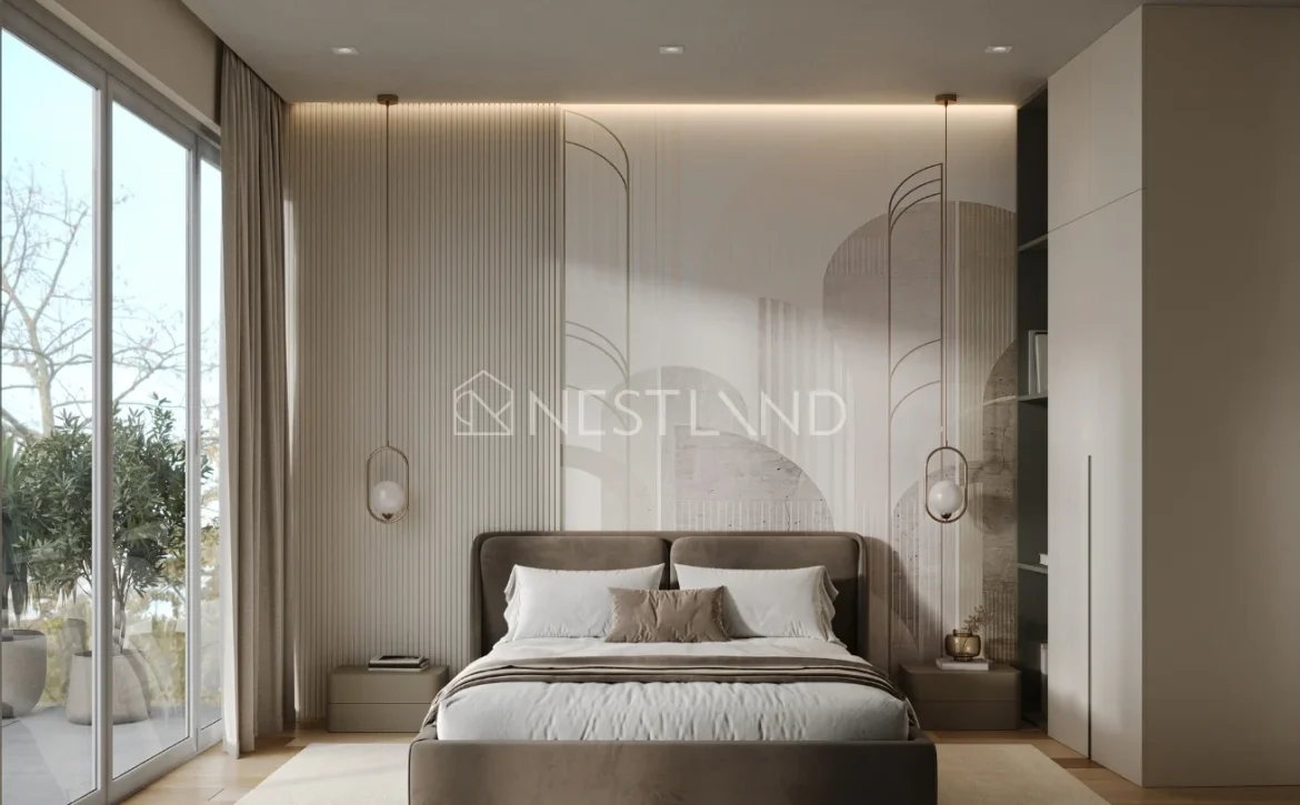 Modern bedroom interior with neutral tones, large window, and minimalistic decor.