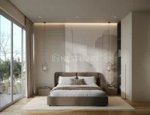 Modern bedroom interior with neutral tones, large window, and minimalistic decor.