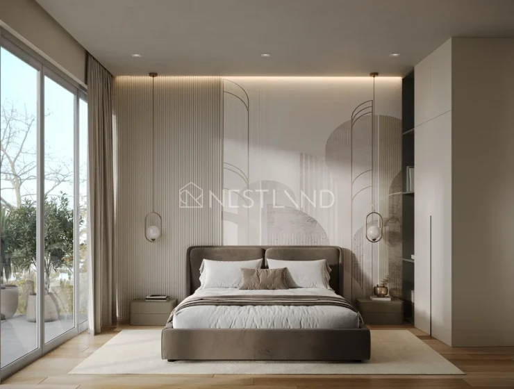 Modern bedroom interior with neutral tones, large window, and minimalistic decor.