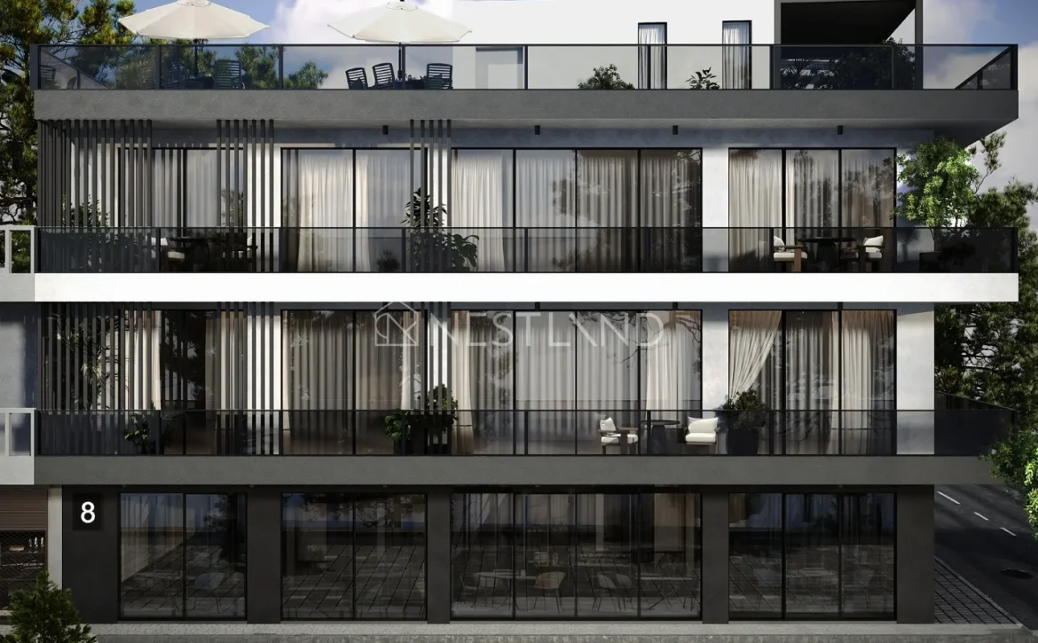 Modern multi-story building with balconies, large windows, and exterior vertical blinds.