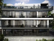Modern multi-story building with balconies, large windows, and exterior vertical blinds.