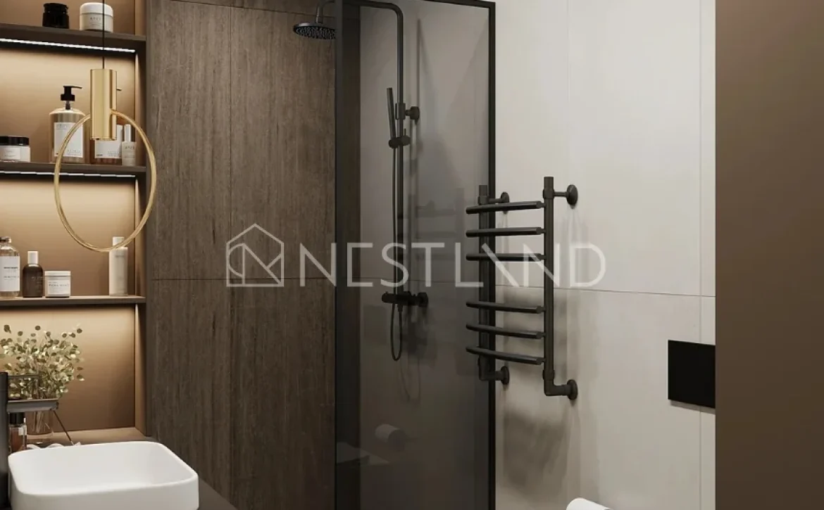 Modern bathroom with glass shower, wooden accents, and wall-mounted sink and toilet.