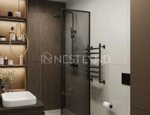Modern bathroom with glass shower, wooden accents, and wall-mounted sink and toilet.