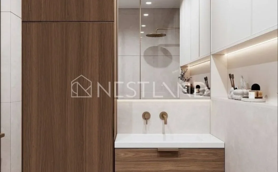 Modern bathroom featuring warm wood cabinetry, dual faucets, a sleek sink, and stylish ambient lighting.